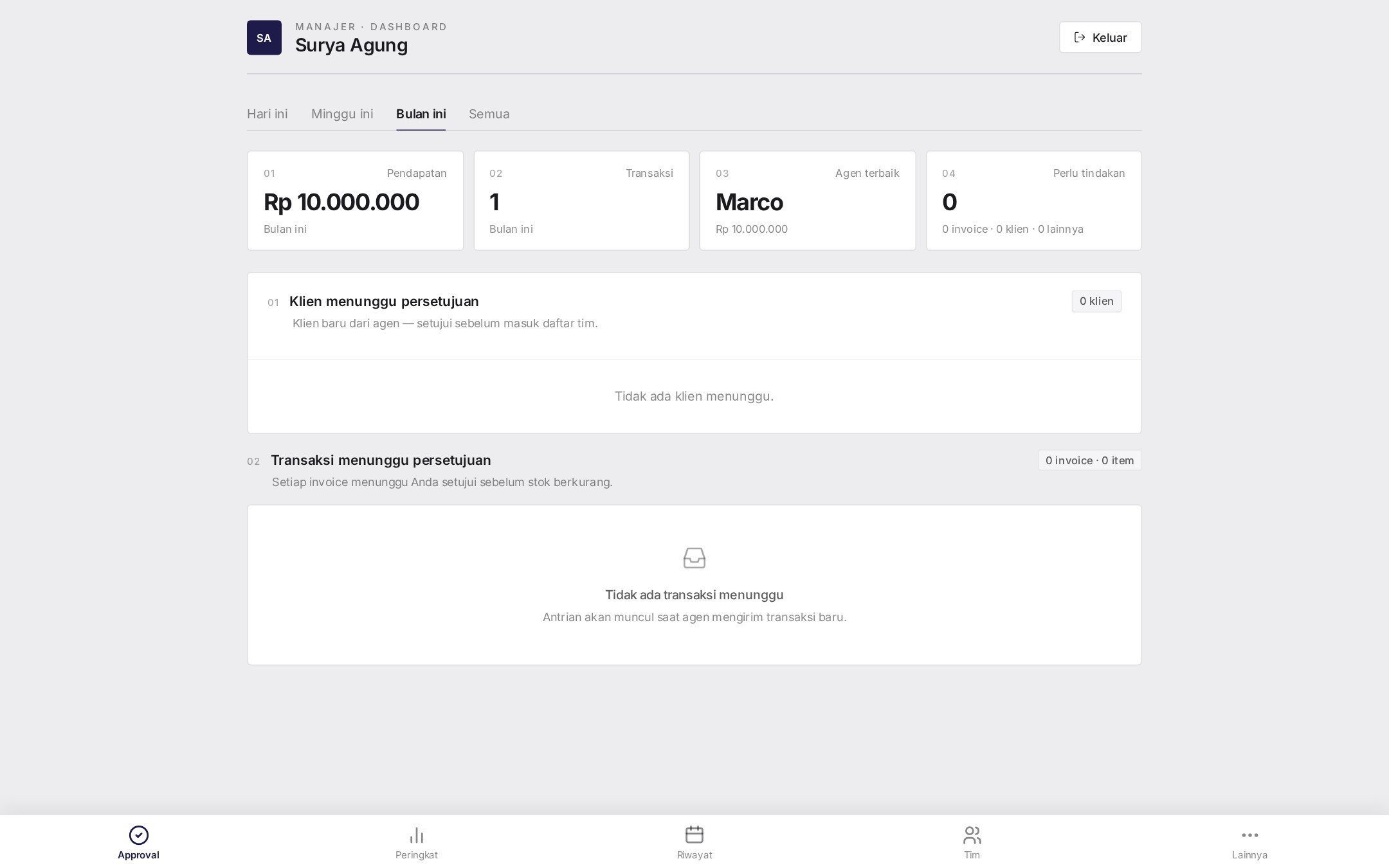 SuryaAgung approval queue with KPI tiles