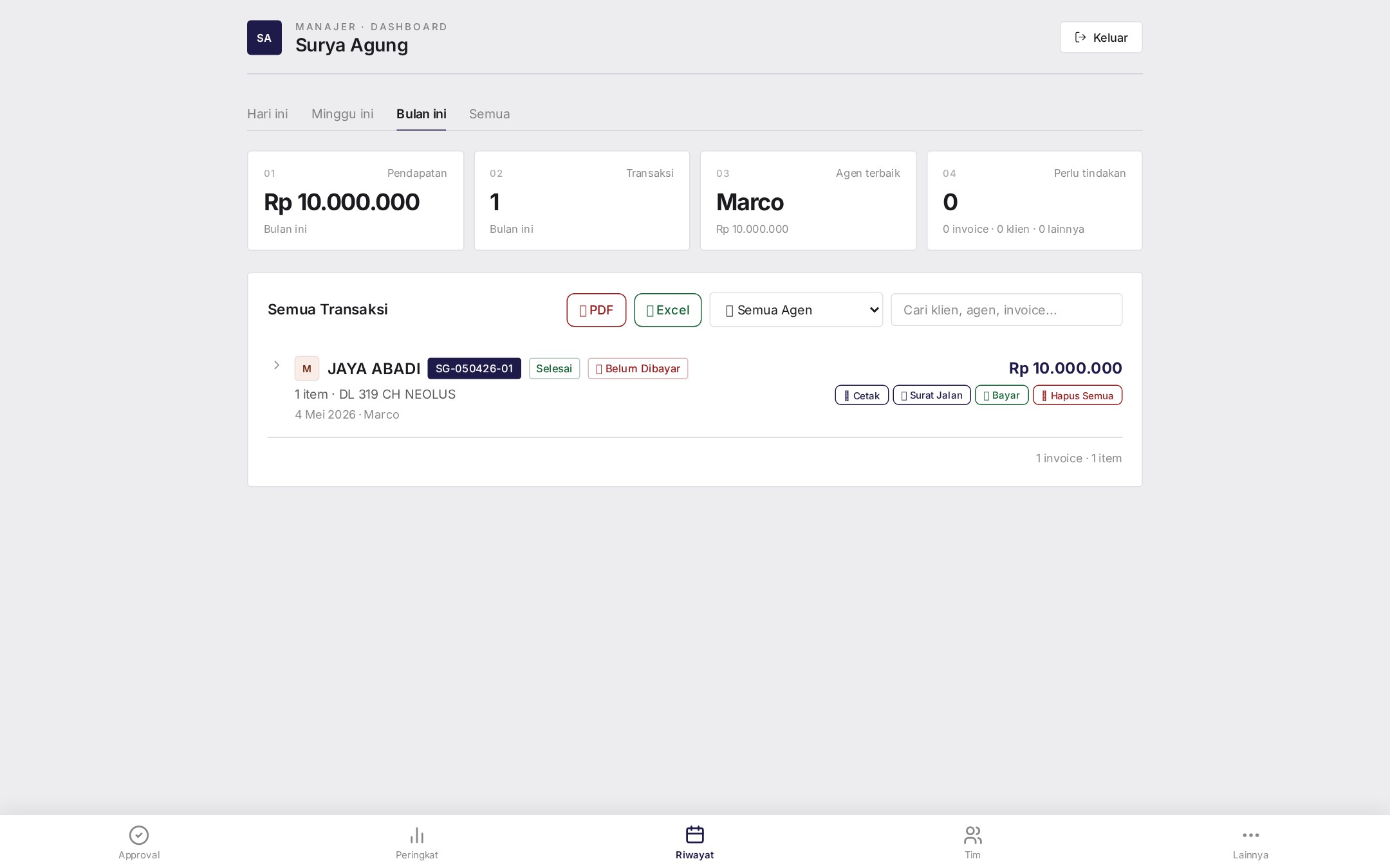 SuryaAgung searchable transaction history with row actions