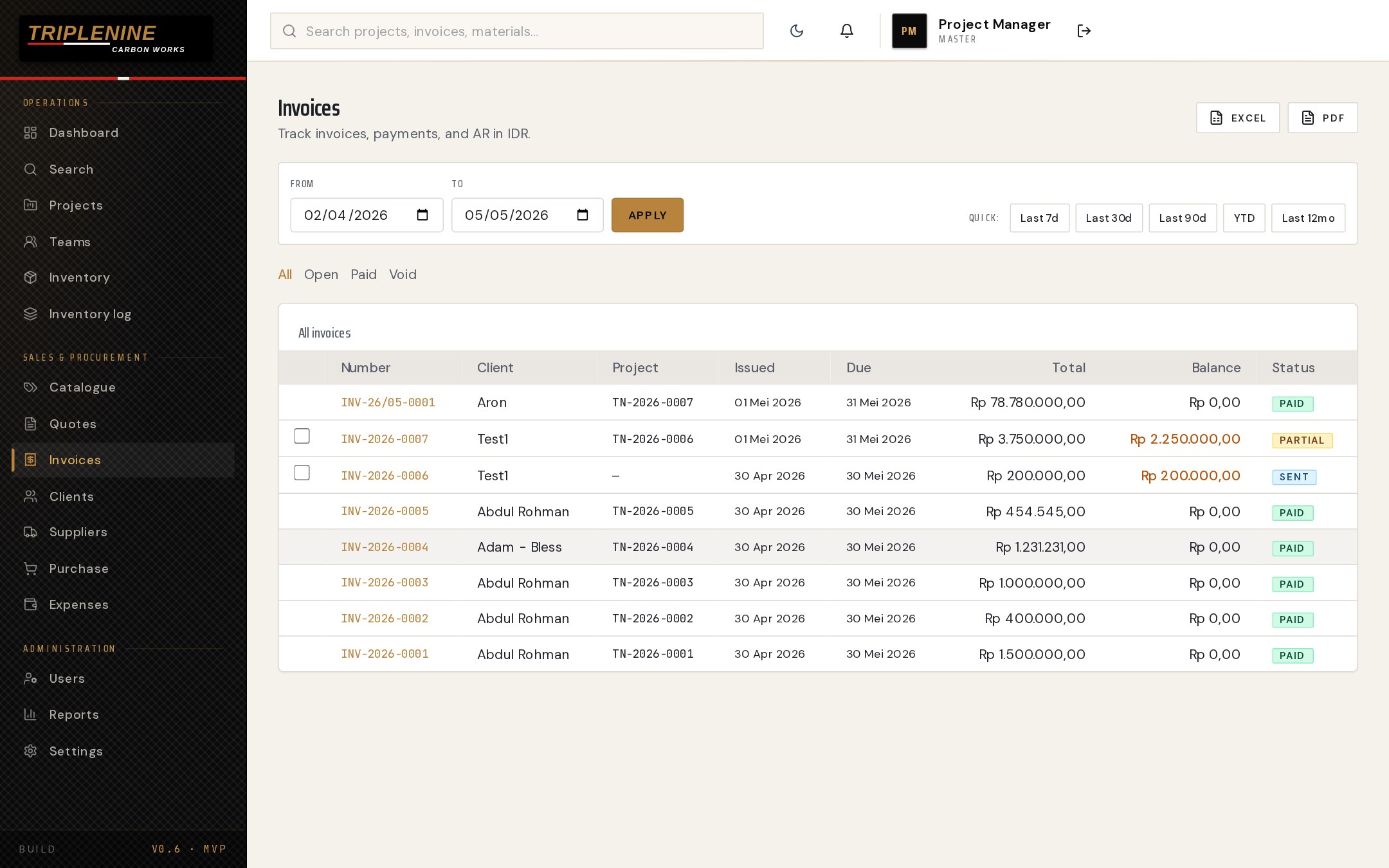 Invoices list showing paid, partial, and sent statuses