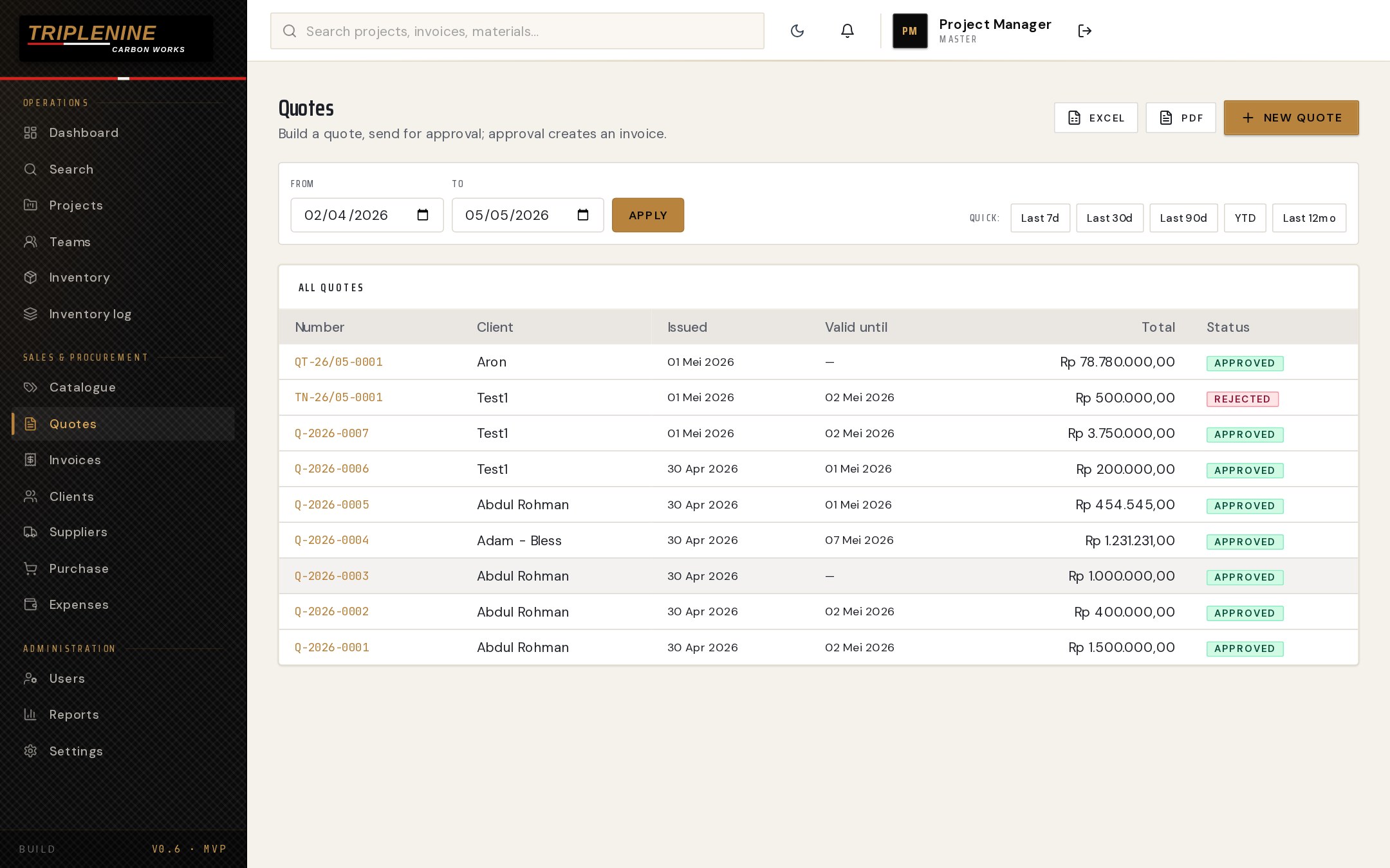 Quotes list with date filter and status badges